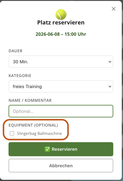 Equipment im Buchungs-Popup